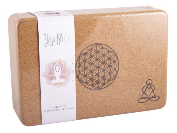 Bloc de yoga en liège, grand avec fleur de vie et mandala